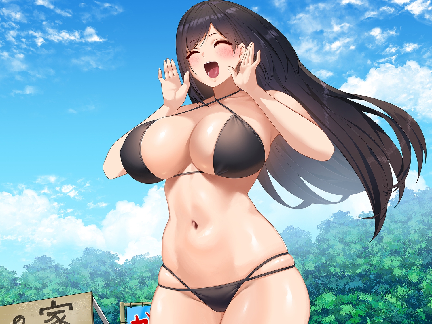 bikini, black_hair, blush, breasts, cleavage, clouds, kisaragi_tsurugi, long_hair