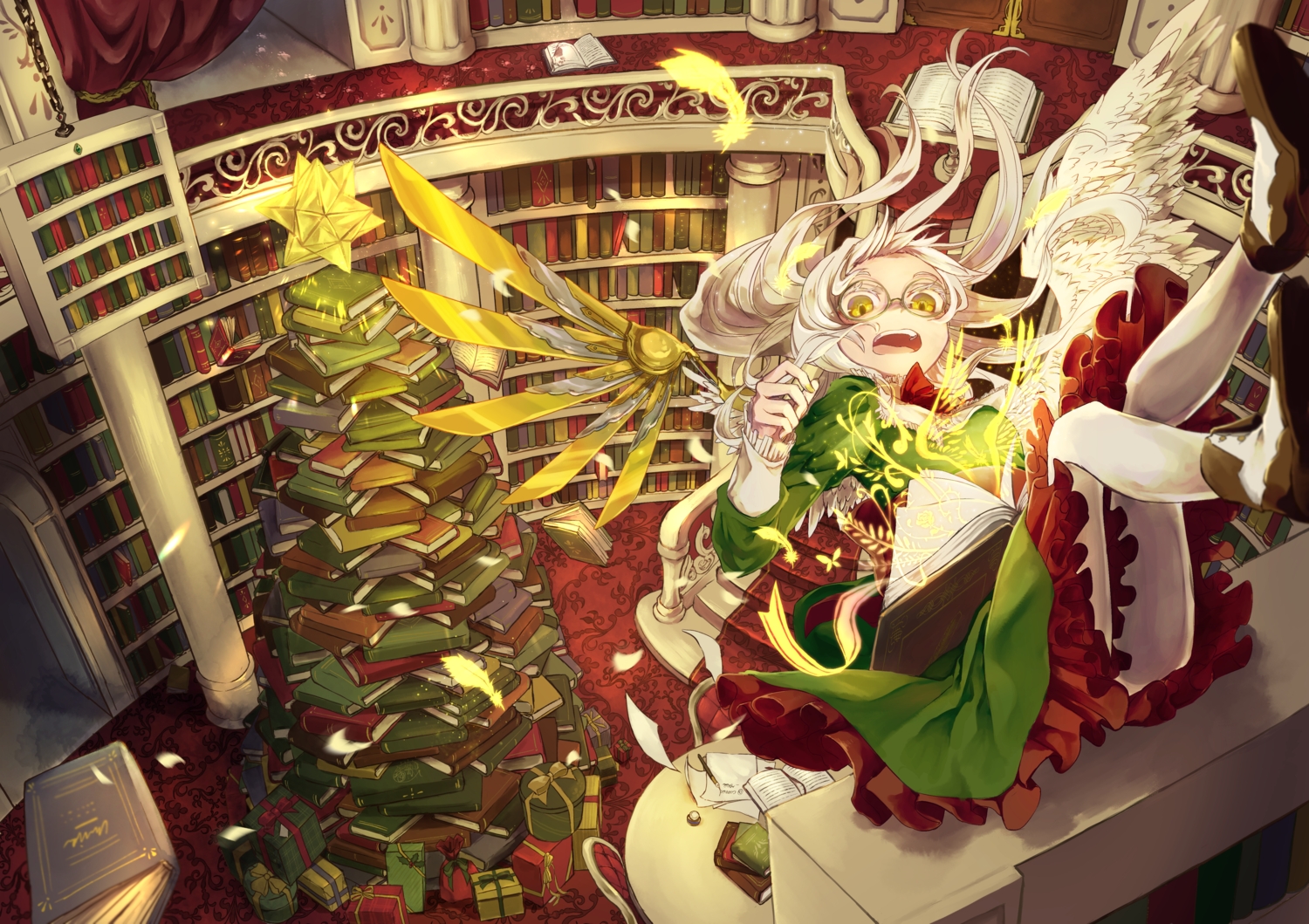 angel, book, bow, canned_rose, christmas, dress, feathers, glasses