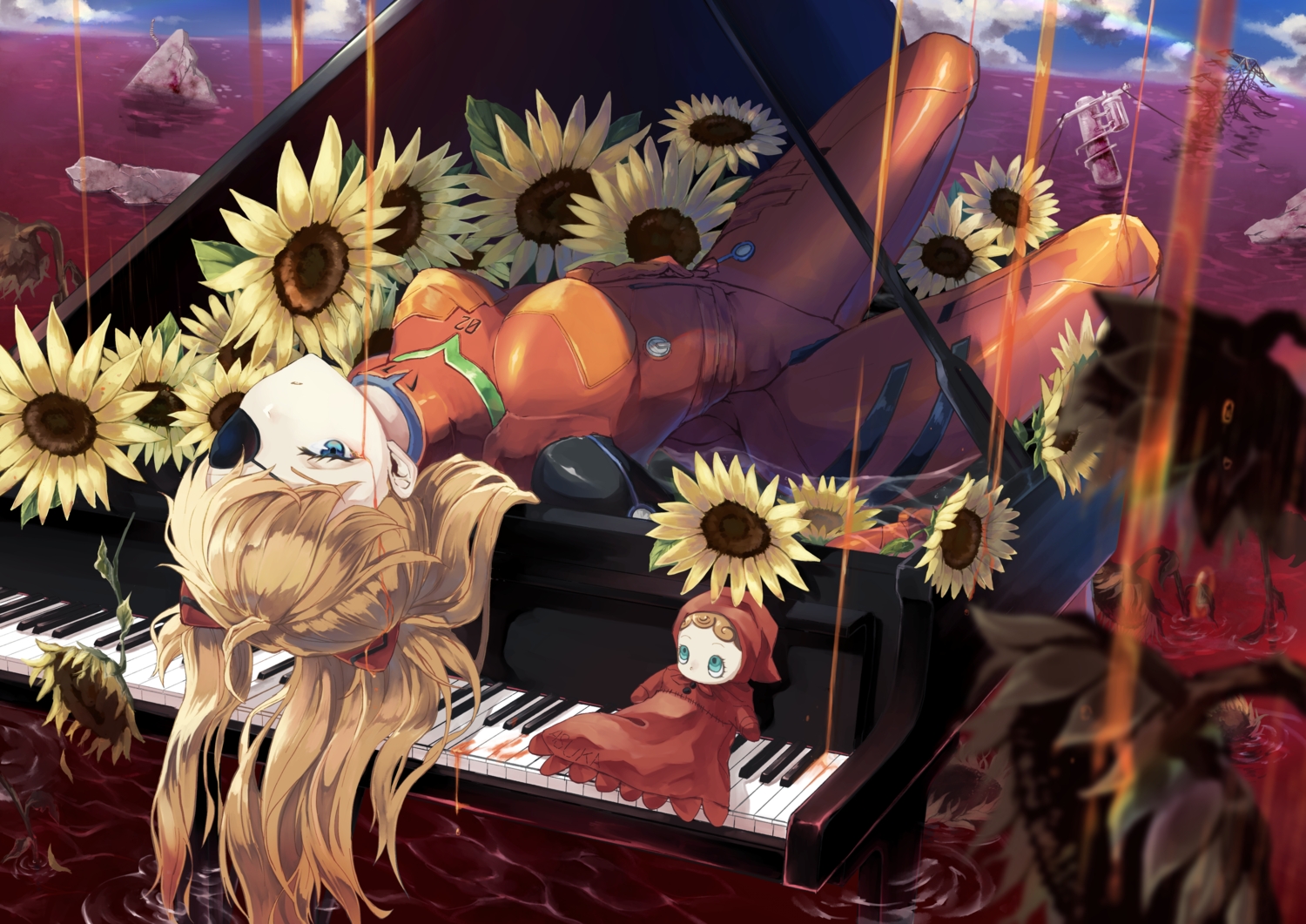 aqua_eyes, blood, bodysuit, breasts, canned_rose, doll, eyepatch, flowers