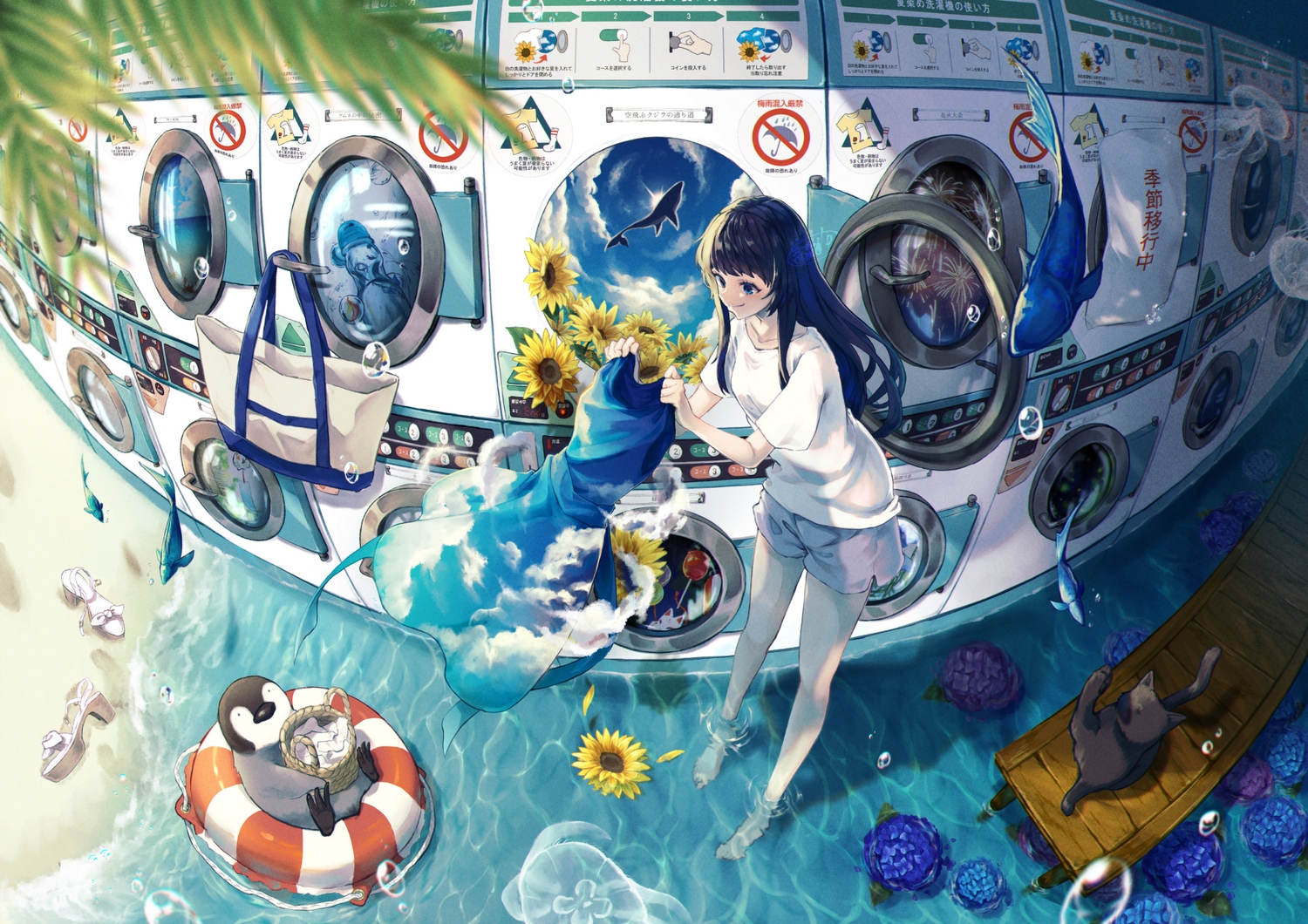 animal, beach, blue_eyes, blue_hair, bubbles, canned_rose, cat, clouds, fireworks, fish, flowers, long_hair, mask, original, penguin, shorts, sunflower, swim_ring, water
