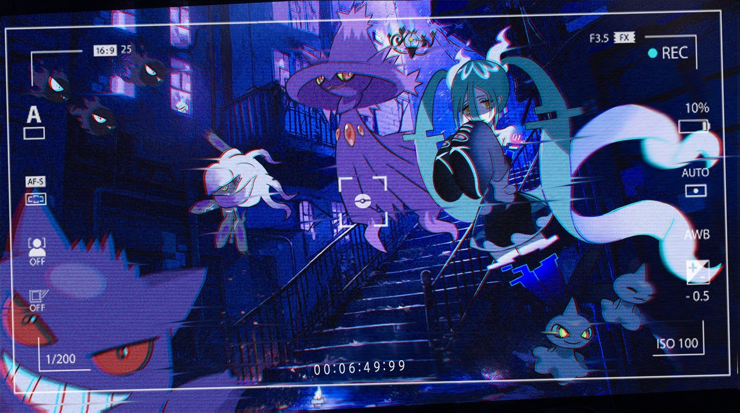 building, camera, chandelure, gastly, gengar, ghost_miku_(project_voltage), hatsune_miku, litwick, mismagius, mizuiro_abokado, night, pokemon, project_voltage, shuppet, stairs, vocaloid