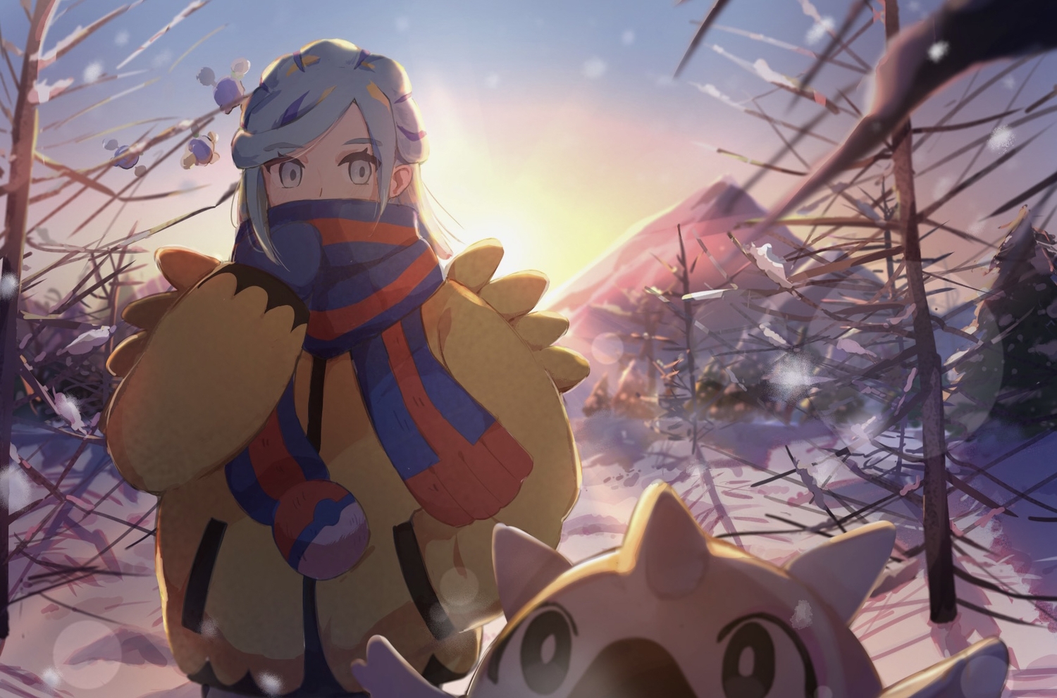 all_male, anzu_(v0_0v_o0), blue_eyes, blue_hair, cetoddle, gloves, grusha_(pokemon), male, pokemon, scarf, sky, snow, sunset, tree, winter