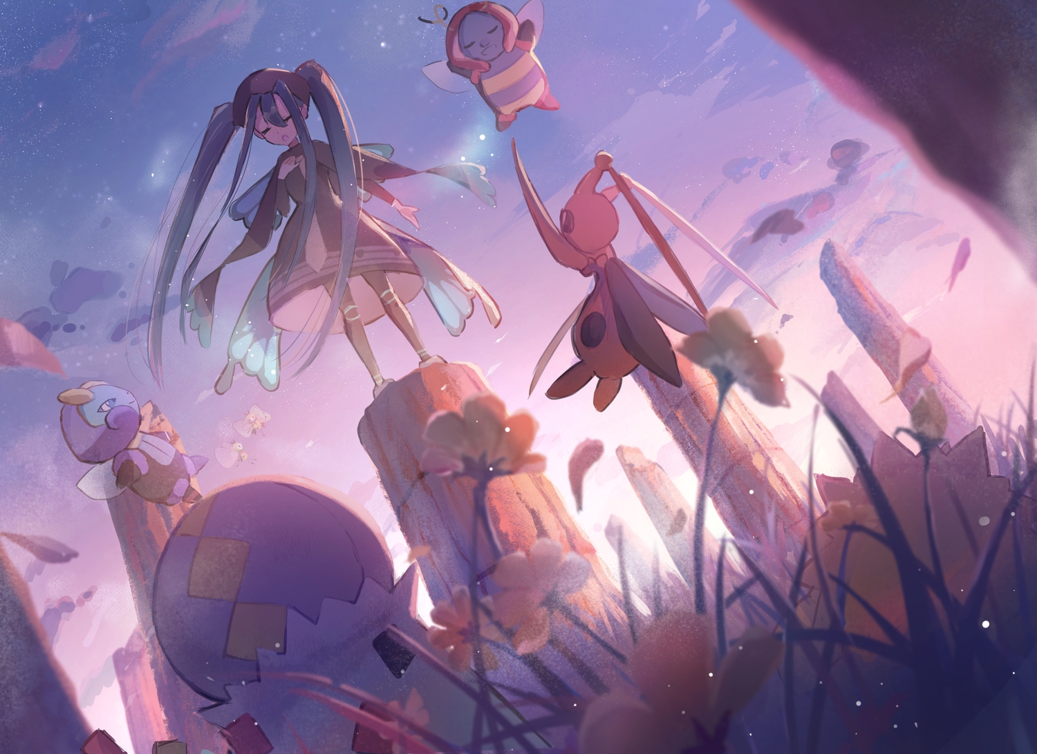 anzu_(v0_0v_o0), bug_miku_(project_voltage), clouds, dress, grass, hat, hatsune_miku, illumise, kricketune, long_hair, pokemon, project_voltage, purple, ribombee, sky, spewpa, stars, sunset, twintails, vocaloid, volbeat