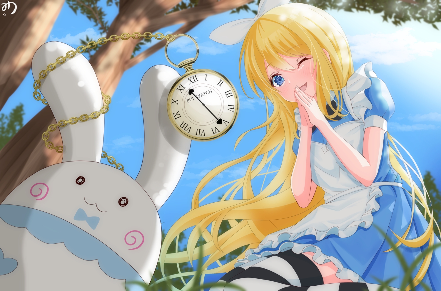 alice_in_wonderland, apron, blonde_hair, blush, bunny, chain, clouds, dress