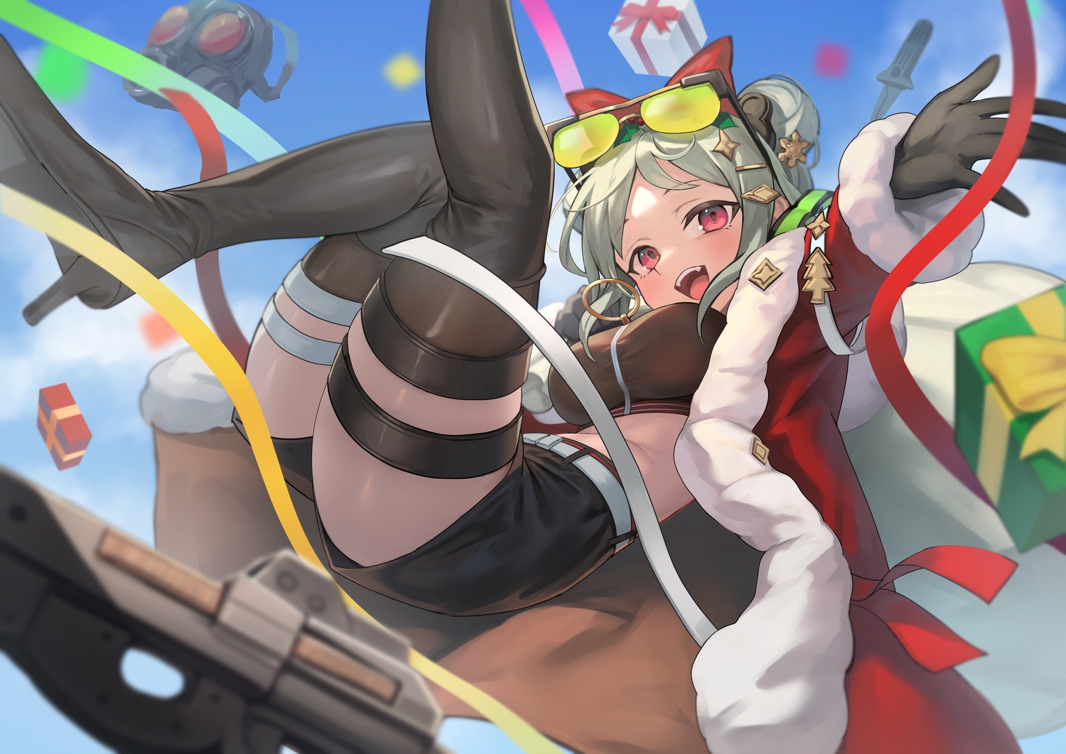 aliasing, anthropomorphism, boots, bow, christmas, clouds, fang, garter