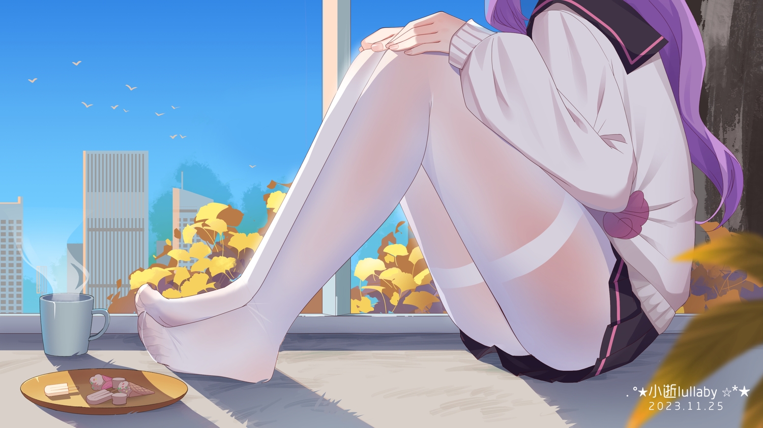 anthropomorphism, autumn, azur_lane, building, city, drink, food, leaves