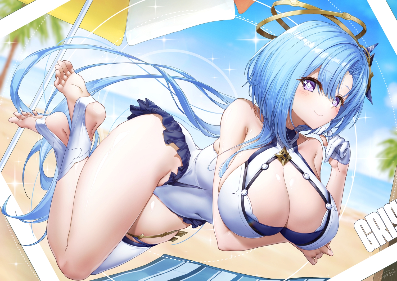 barefoot, beach, blue_hair, blush, breast_hold, breasts, cleavage, clouds