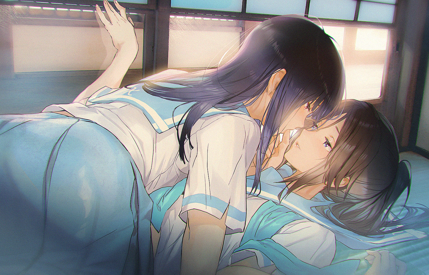 2girls, black_hair, blue_eyes, brown_hair, hibike!_euphonium, kasaki_nozomi, long_hair, maeshima_shigeki