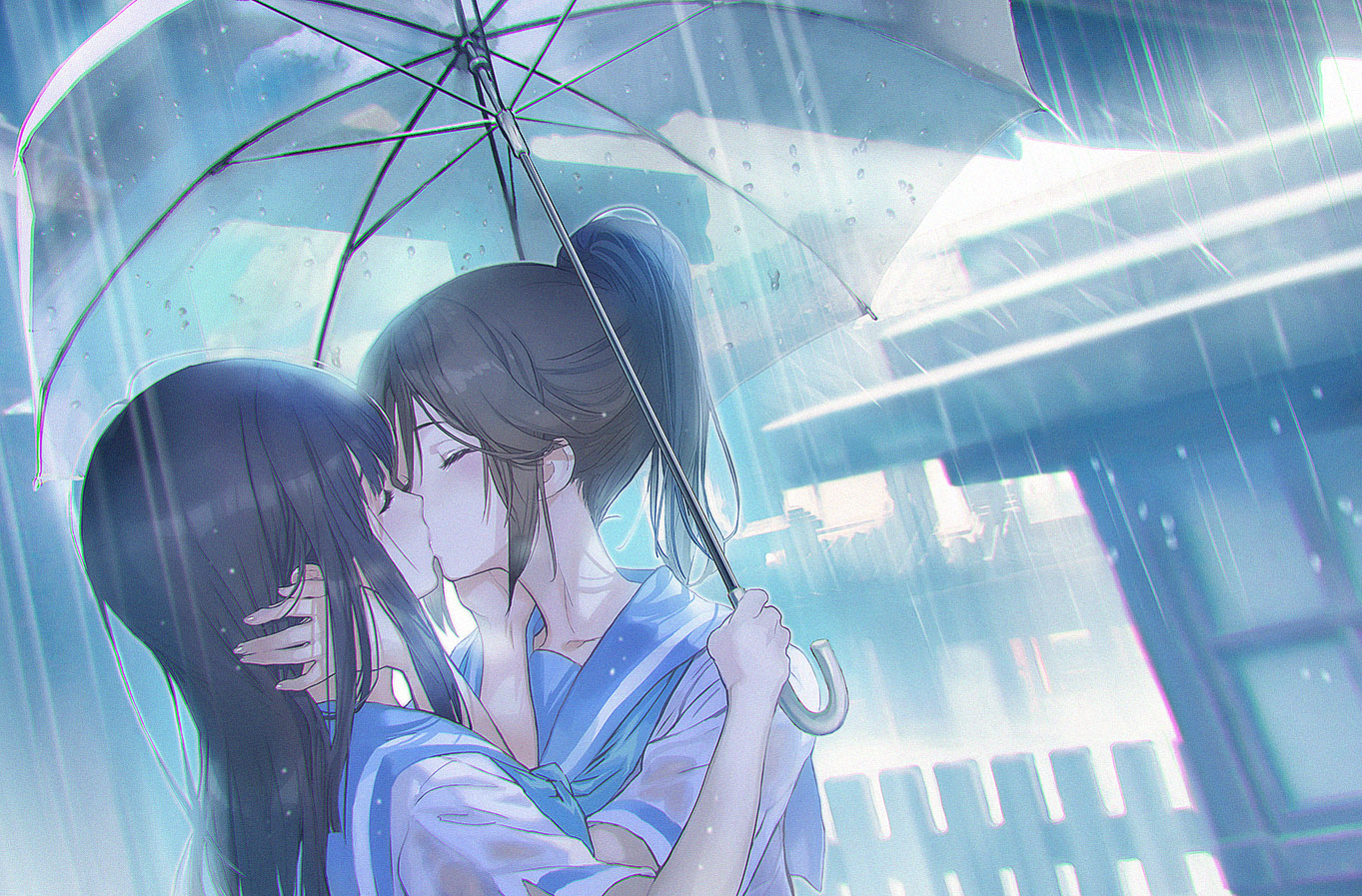 2girls, black_hair, brown_hair, hibike!_euphonium, kasaki_nozomi, kiss, long_hair, maeshima_shigeki, ponytail, rain, school_uniform, see_through, shoujo_ai, umbrella, water, wet, yoroizuka_mizore