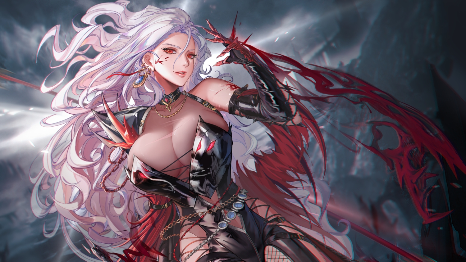 breasts, chain, cleavage, collar, demon_slayer_(dungeon_and_fighter), dungeon_and_fighter, elbow_gloves, gloves, long_hair, necklace, red_eyes, see_through, tsuki_no_i-min, white_hair