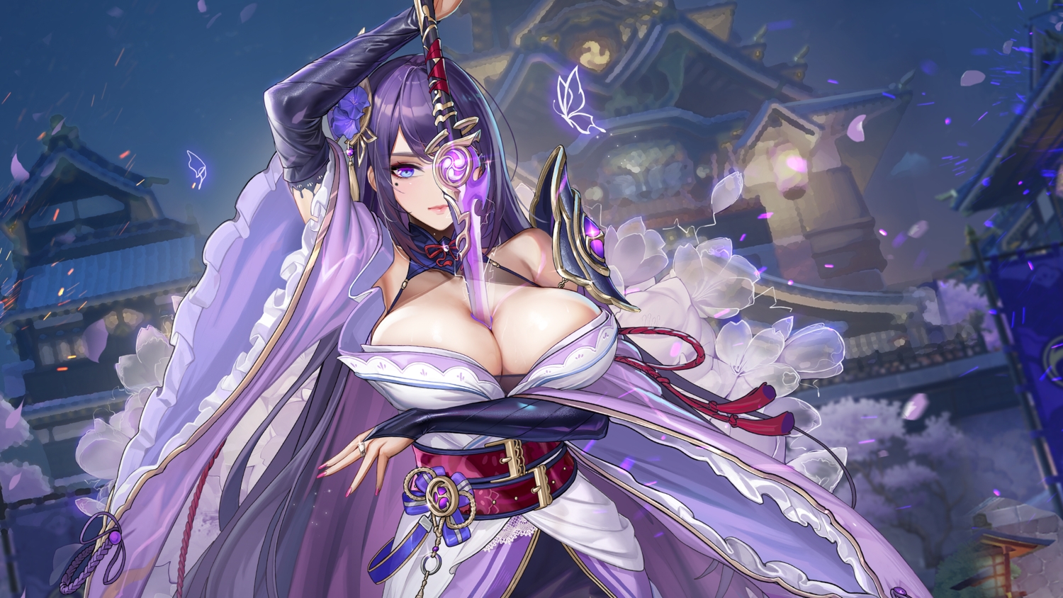 blue_eyes, breast_hold, breasts, building, butterfly, cleavage, elbow_gloves, flowers