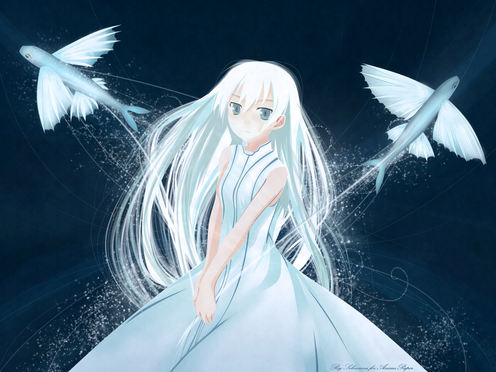 animal, blue, blue_eyes, dress, fish, long_hair, momo_(shinigami_no_ballad), shinigami_no_ballad