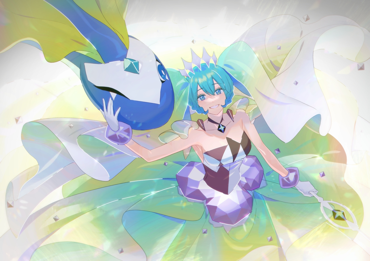 aurorus, choker, dress, gloves, hatsune_miku, ojing_oppa_(o_b_s_00), pokemon, project_voltage, rock_miku_(project_voltage), vocaloid, wand