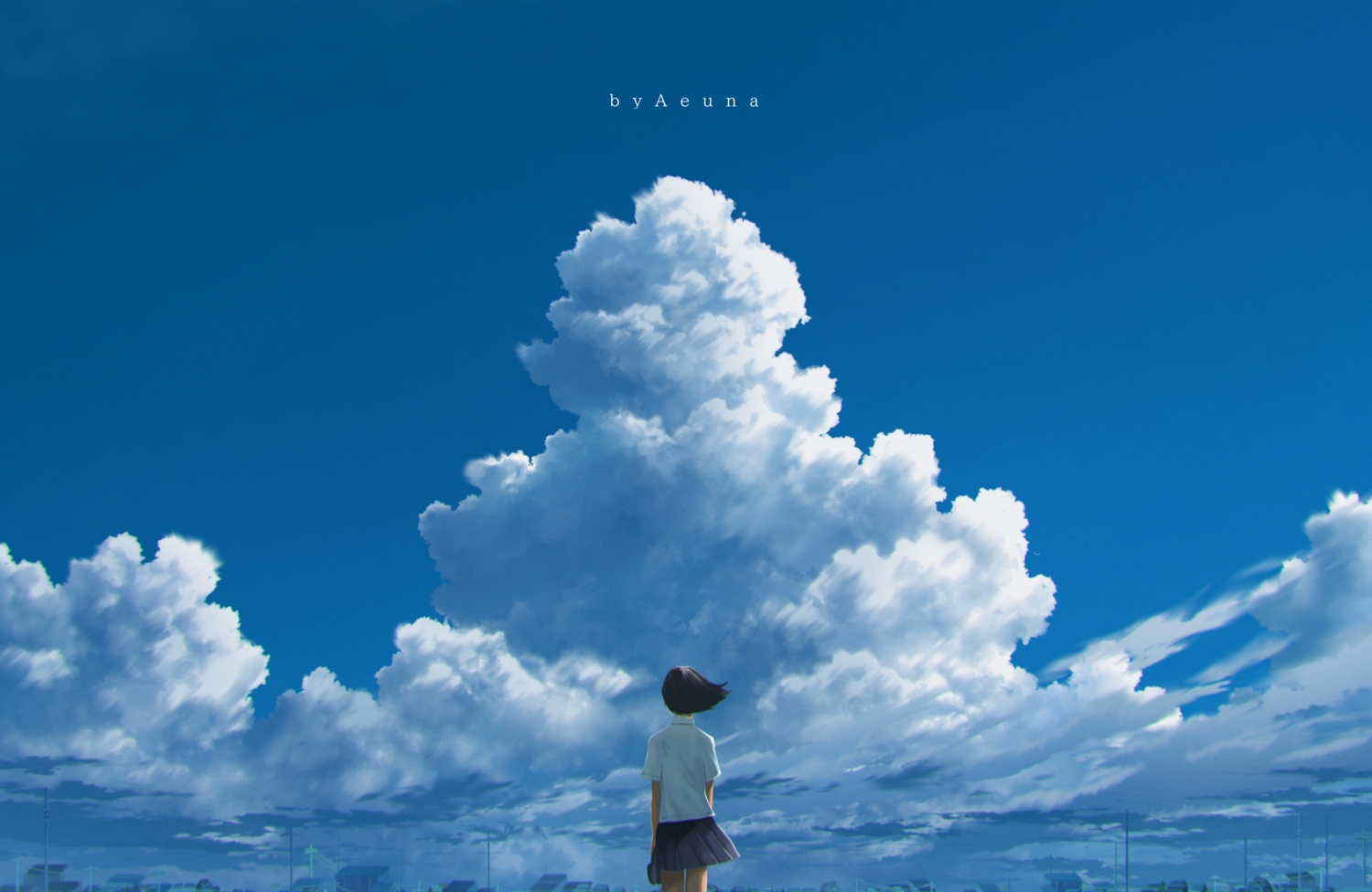aeuna, black_hair, building, clouds, landscape, original, scenic, school_uniform