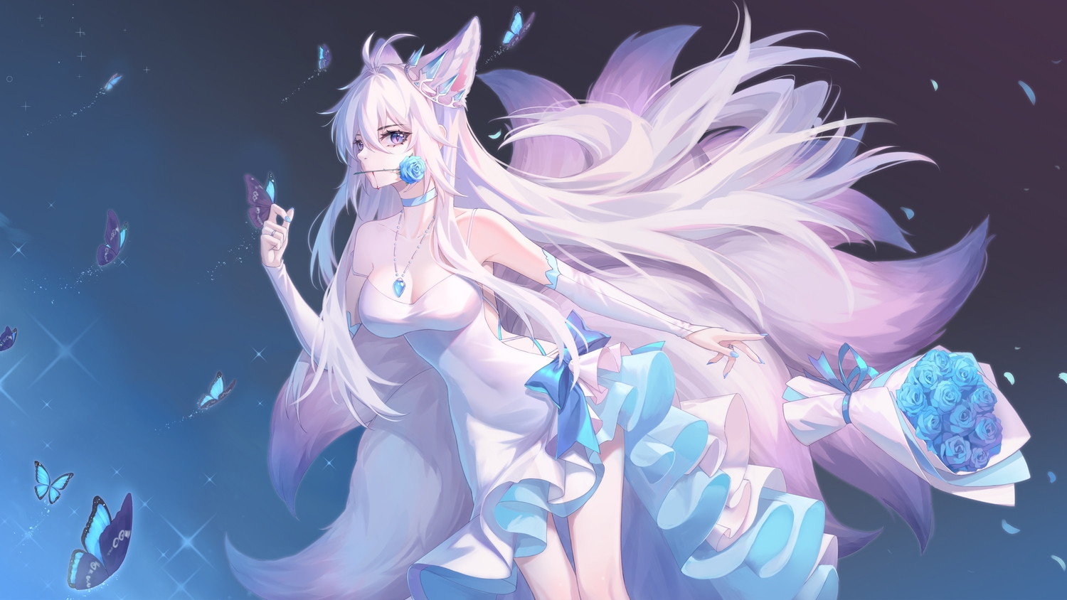 blood, bow, breasts, butterfly, choker, cleavage, dress, elbow_gloves