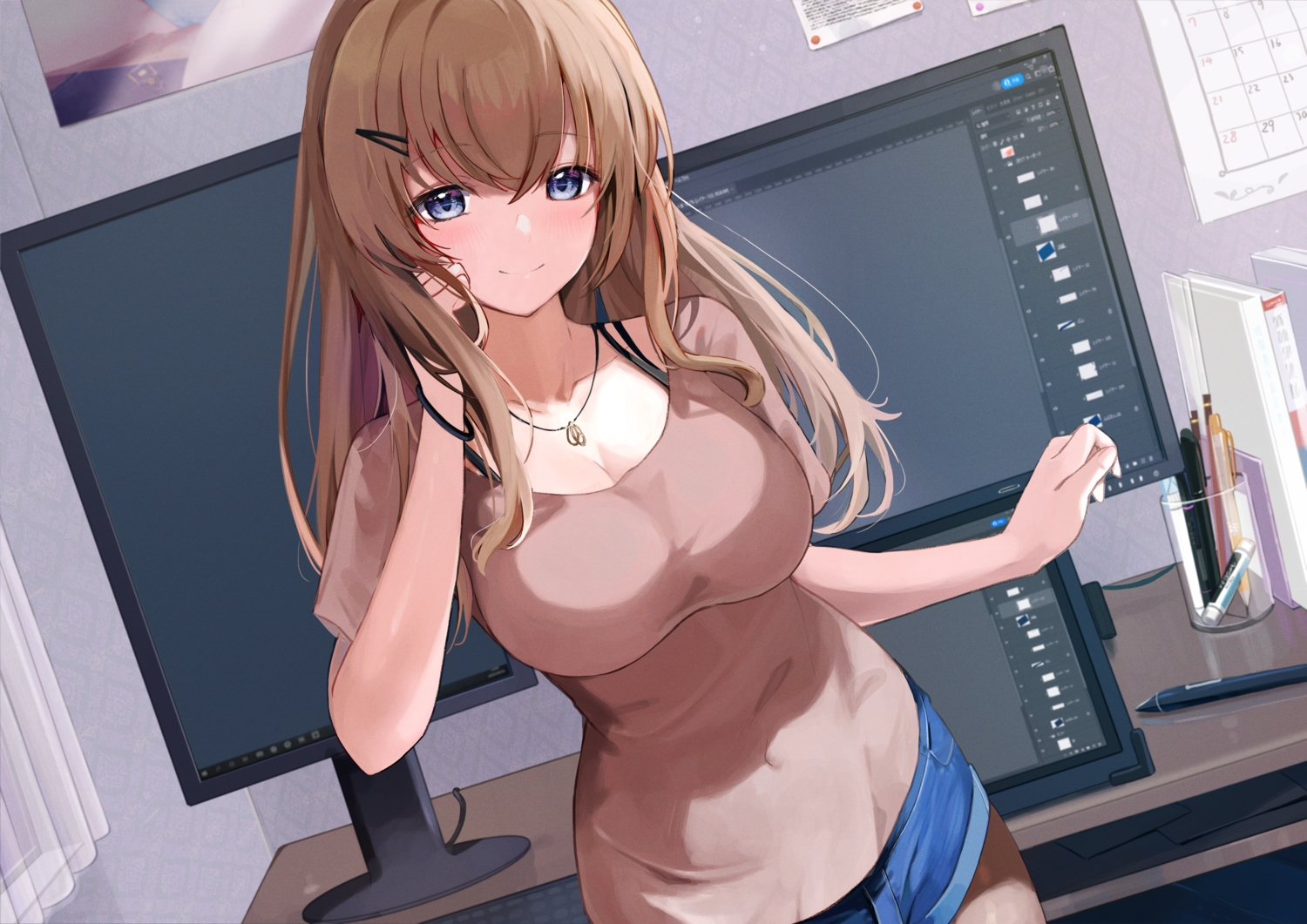black_eyes, blush, breasts, brown_hair, cleavage, computer, long_hair, necklace, original, tomura2maru