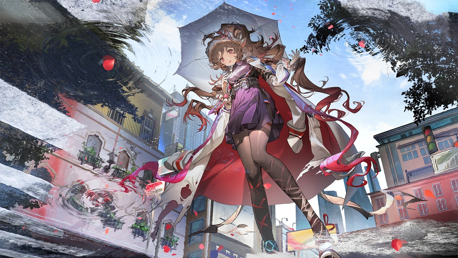 animal, animal_ears, arknights, brown_hair, building, clouds, eyjafjalla_(arknights), garter, horns, long_hair, rain, red_eyes, reflection, sheepgirl, skirt, sky, thighhighs, third-party_edit, torn_clothes, umbrella, water, xianchong_shi