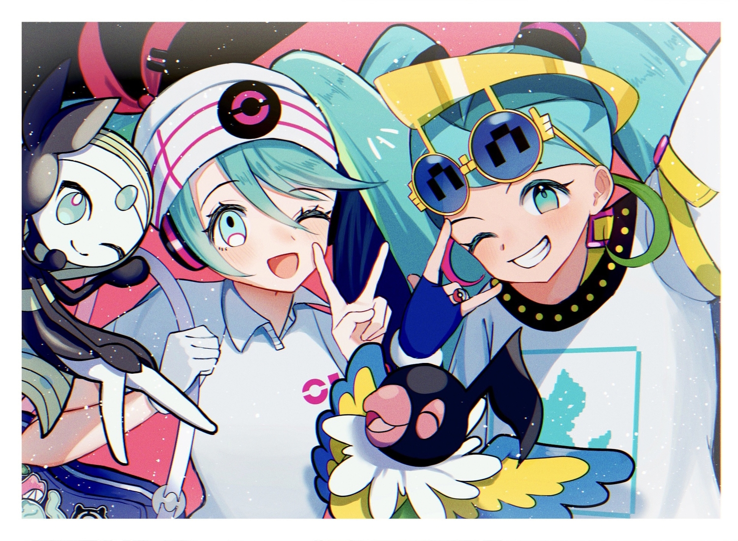2girls, aqua_eyes, aqua_hair, chatot, glasses, hatsune_miku, meloetta, normal_miku_(project_voltage)