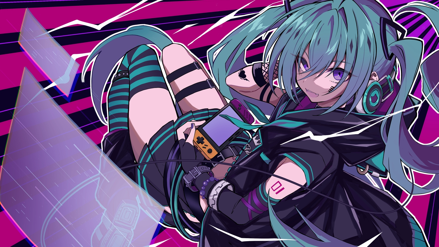 aqua_eyes, elbow_gloves, game_console, garter, gloves, green_hair, hatsune_miku, headphones, hood, purple_eyes, sakura_mo_chiy, skirt, tattoo, thighhighs, twintails, vocaloid, wristwear, zettai_ryouiki