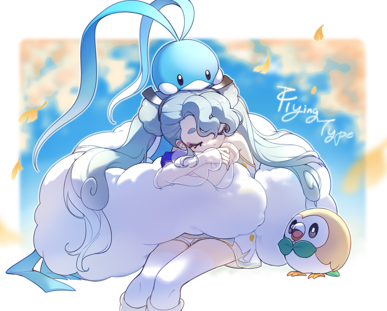 altaria, blue_hair, flying_miku_(project_voltage), hatsune_miku, leaves, nishina_hima, pokemon, project_voltage