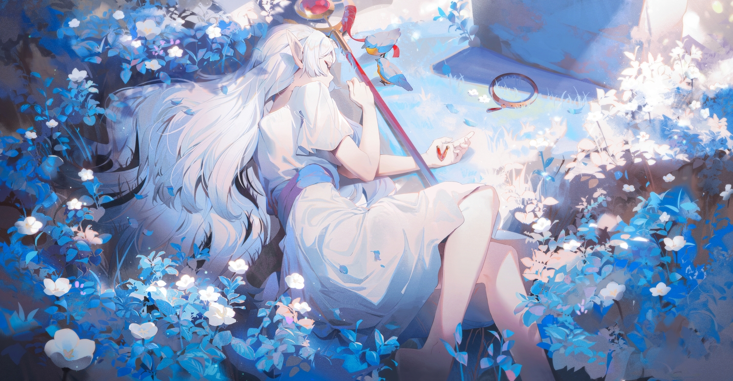 animal, bird, dress, flowers, frieren, gray_hair, ji_dao_ji, long_hair
