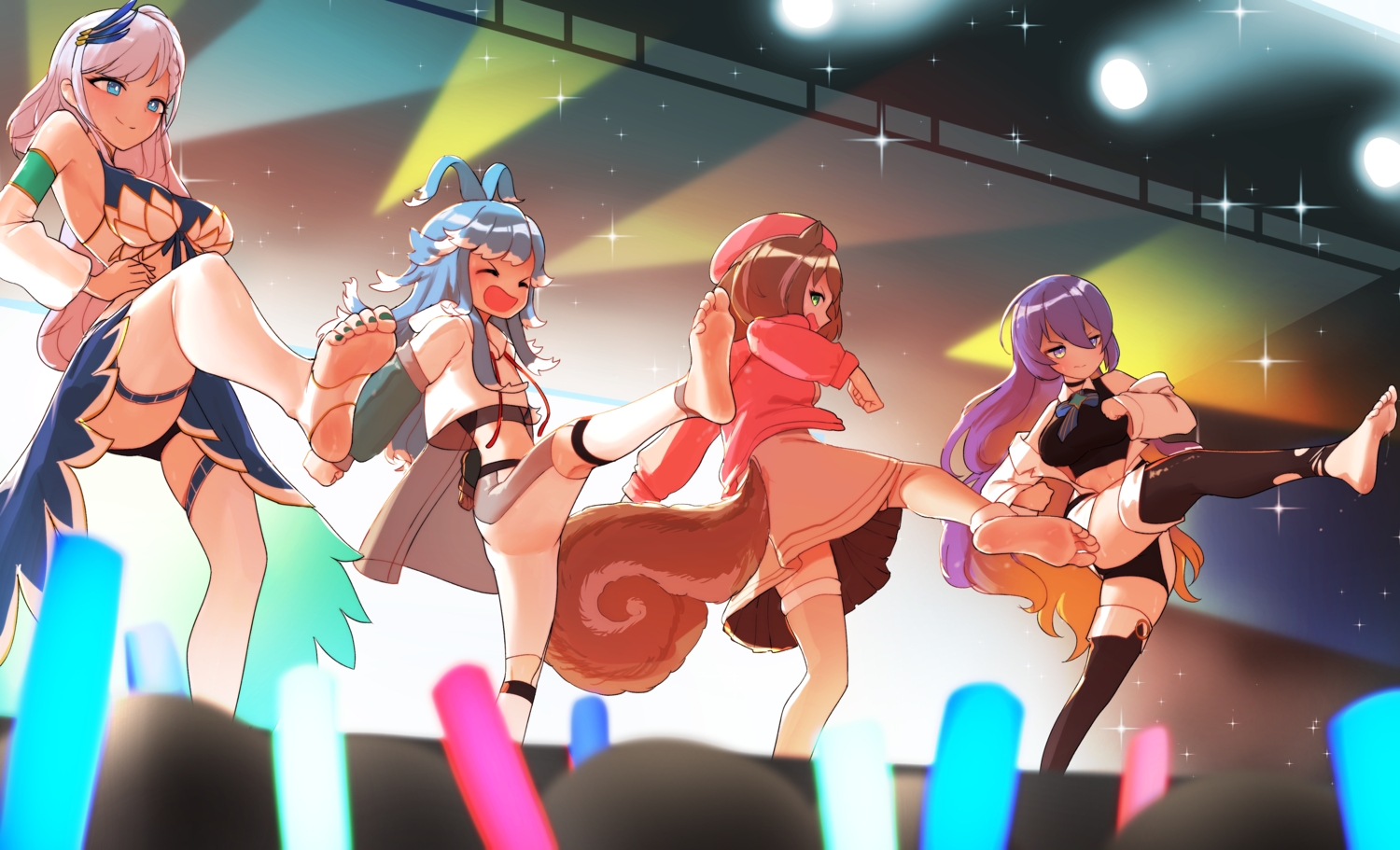 animal_ears, aqua_hair, ayunda_risu, barefoot, brown_hair, dress, green_eyes, group, hat, hololive, kobo_kanaeru, long_hair, moona_hoshinova, pavolia_reine, pink_hair, pompmaker1, purple_eyes, purple_hair, skirt_lift, tail, thighhighs