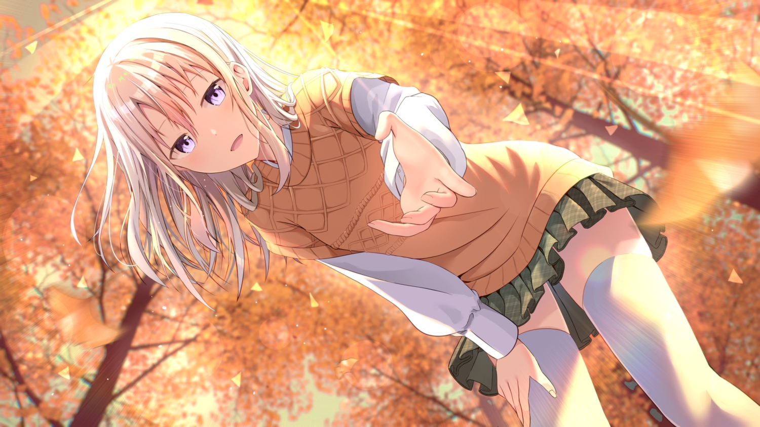 blush, brown_hair, cac_itinose, leaves, long_hair, original, purple_eyes, shirt
