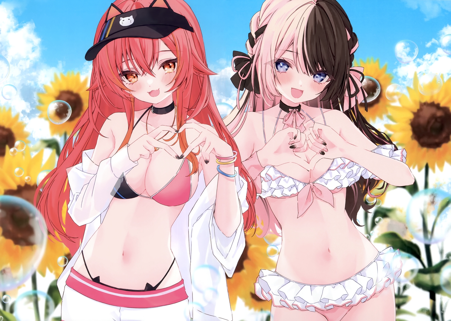 2girls, bikini, bubbles, cat_smile, choker, clouds, collar, fang