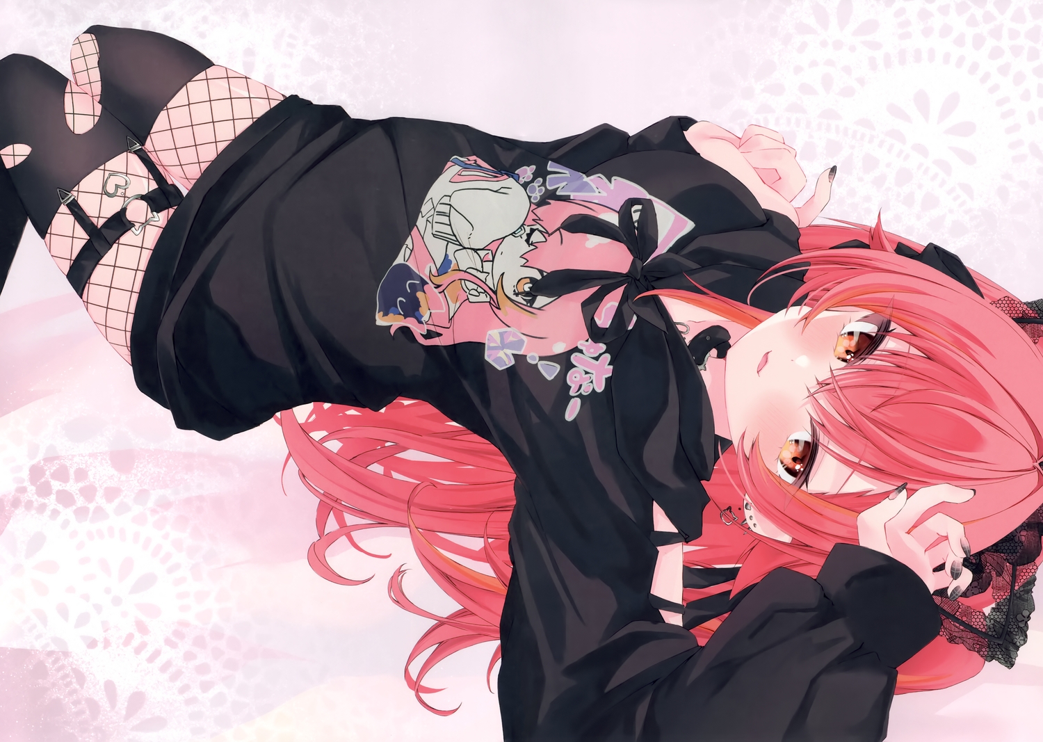 blush, bow, cat_smile, collar, dress, garter, hood, long_hair, moizumi_shipon, nekota_tsuna, orange_eyes, red_hair, scan, thighhighs, torn_clothes, vspo!