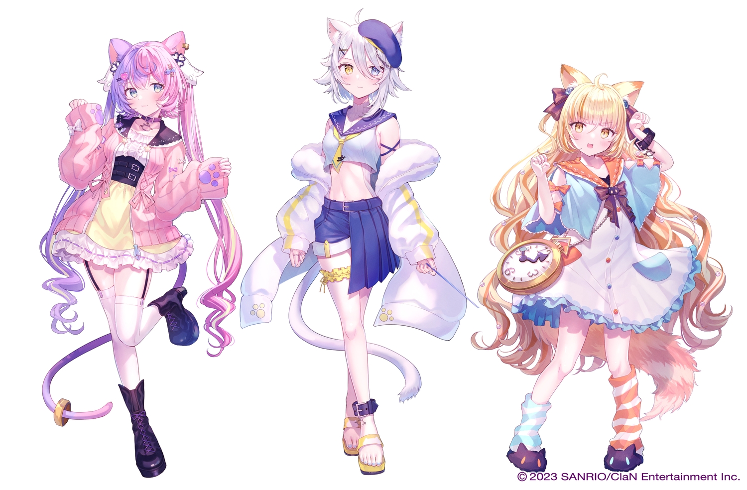 animal_ears, bicolored_eyes, blonde_hair, blue_eyes, blush, catgirl, cat_smile, clan_entertainment, collar, dress, garter, gray_hair, kappe_reeka, long_hair, nyamafuji_anzu, nyamamugi_tart, nyamashiro_soda, nyantasia!, pink_hair, sanrio, school_uniform, shorts, skirt, tail, watermark, white, yellow_eyes