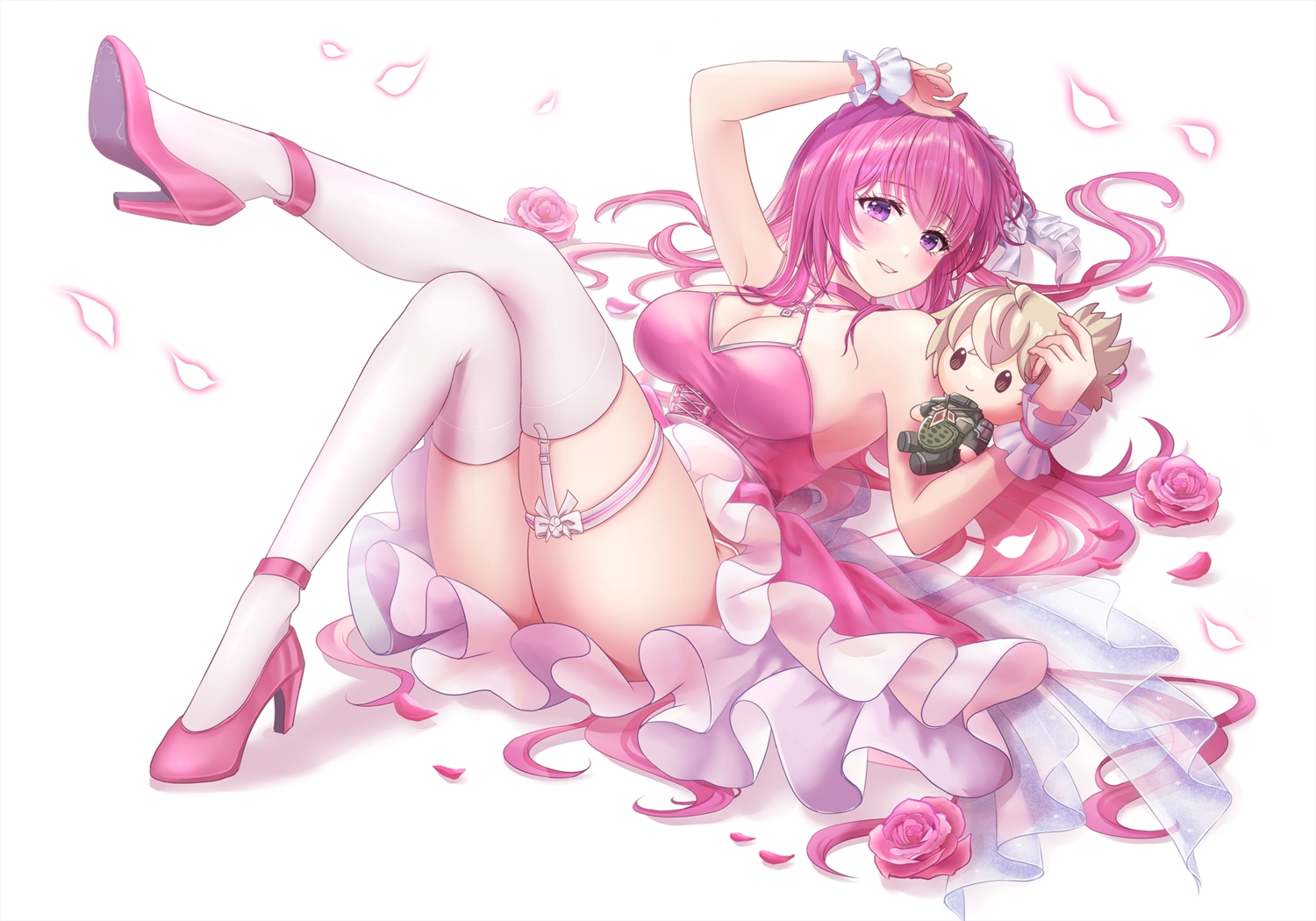 blush, breasts, choker, cleavage, doll, dorothy_(nikke), dress, flowers