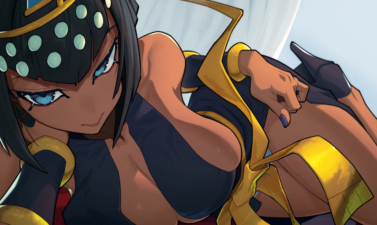 black_hair, blue_eyes, bow, breasts, cleavage, close, dark_skin, eliza_(skullgirls), hata4564, short_hair, sideboob, skullgirls, wristwear