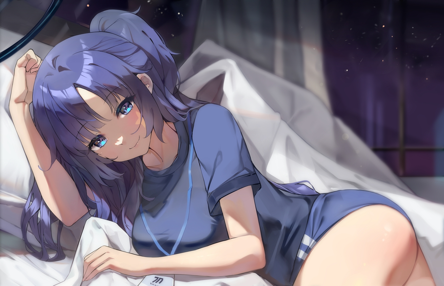 bed, bloomers, blue_archive, gym_uniform, halo, hayase_yuuka, long_hair, purple_eyes, purple_hair, sakanafish, twintails