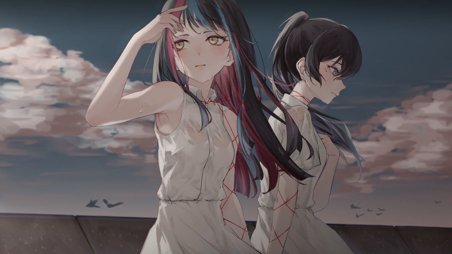 2girls, black_hair, blue_eyes, blush, clouds, dress, harusaruhi, kamitsubaki_studio, koko_(kamitsubaki_studio), long_hair, momori0118, sky, summer_dress, yellow_eyes