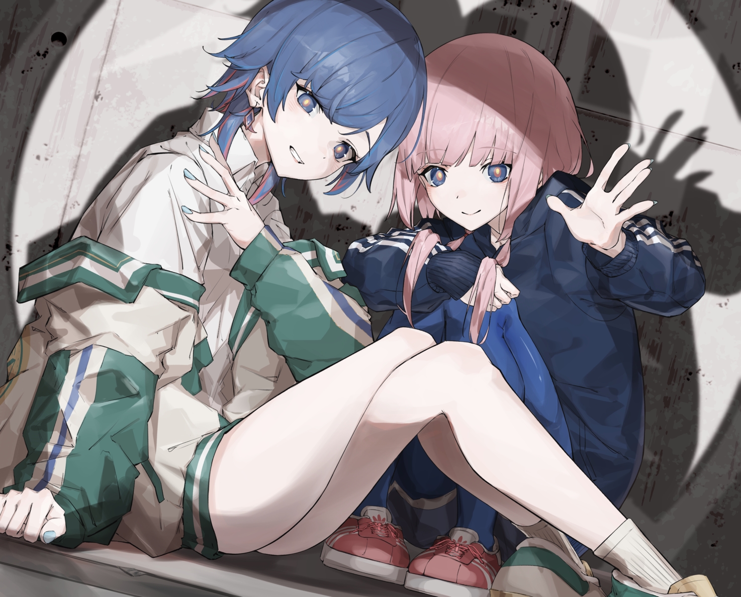 2girls, blue_eyes, blue_hair, blush, kaf, kamitsubaki_studio, momori0118, pink_hair