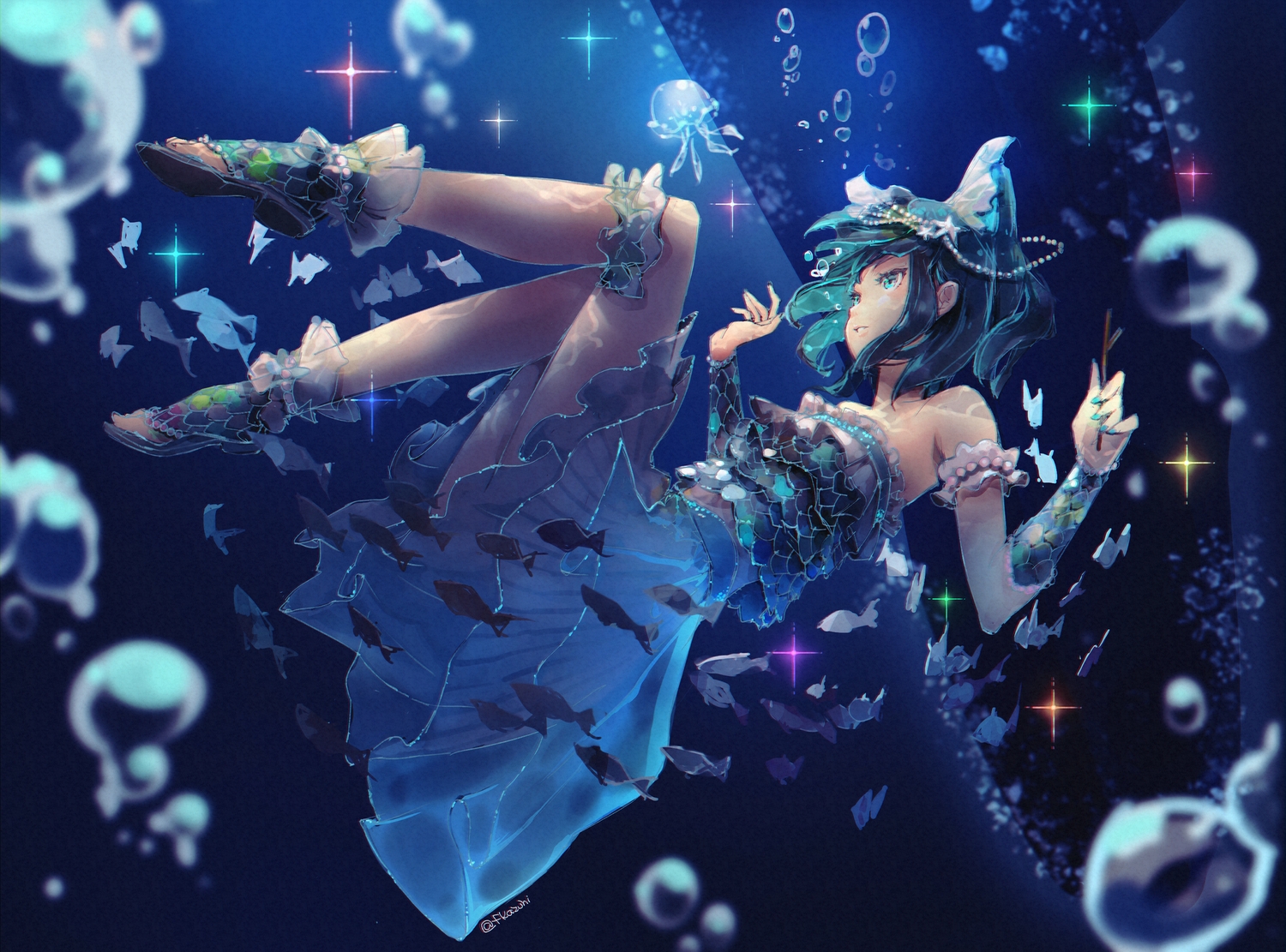 animal, animal_ears, aqua_eyes, aqua_hair, bubbles, fish, gems_company, kazuhi