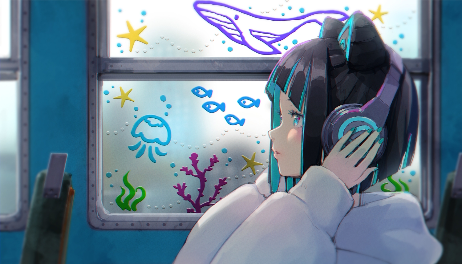 animal_ears, aqua_eyes, aqua_hair, black_hair, close, gems_company, headphones, kazuhi