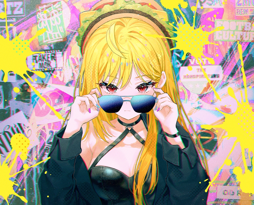 aliasing, blonde_hair, breasts, choker, cleavage, fymrie, hat, jingburger