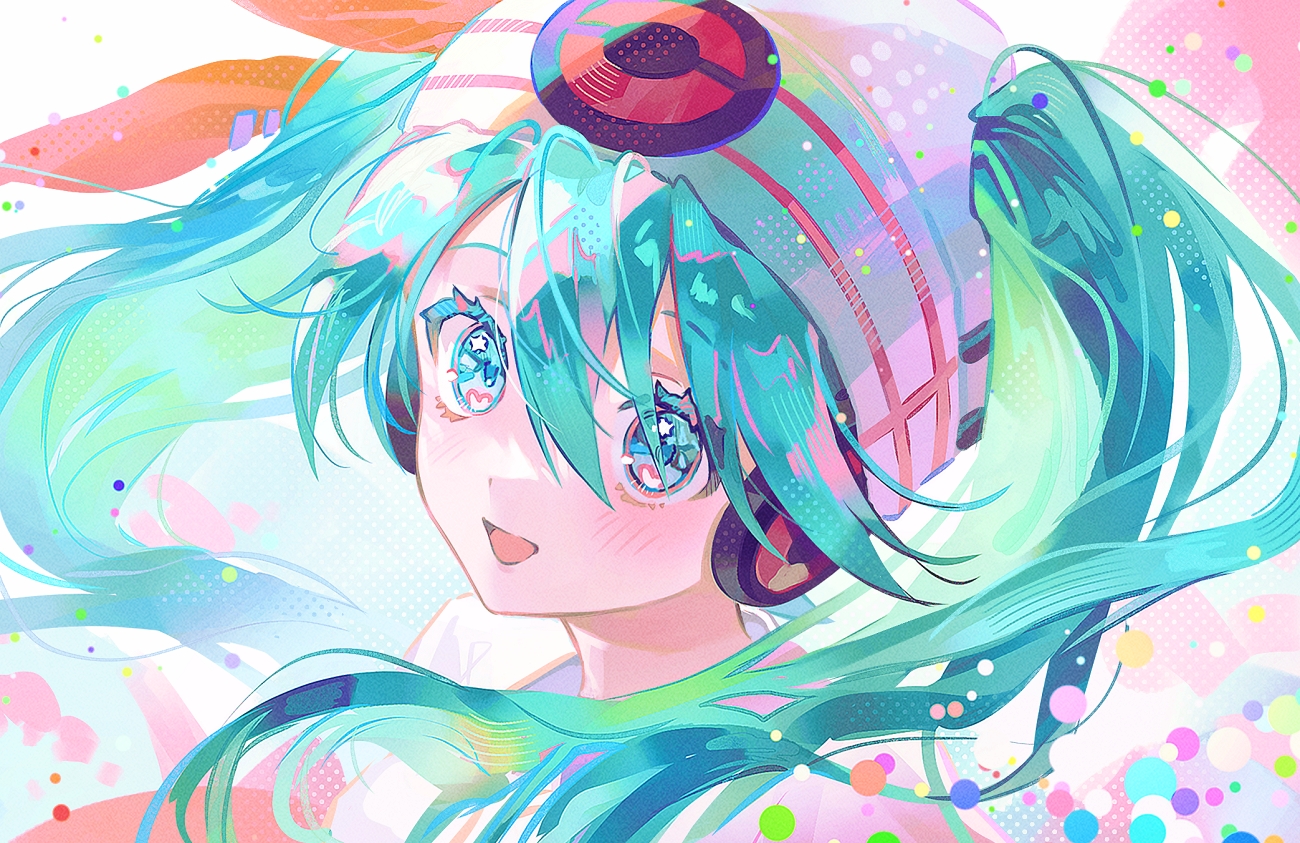 aqua_eyes, aqua_hair, blush, close, fymrie, hat, hatsune_miku, headphones, long_hair, pokemon, project_voltage, psychic_miku_(project_voltage), twintails, vocaloid