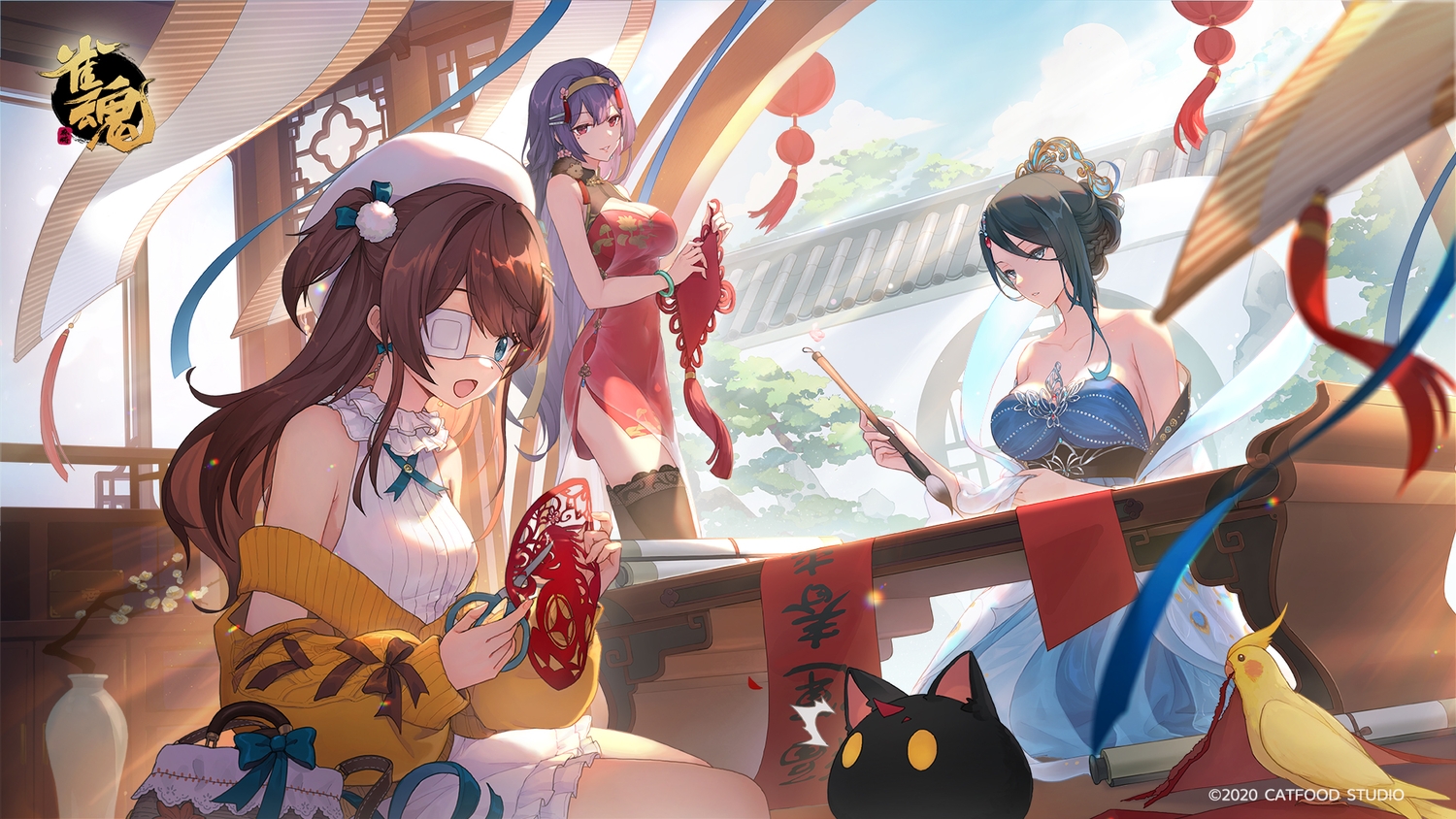 animal, aqua_eyes, bird, black_hair, bow, braids, breasts, brown_hair, chinese_clothes, chinese_dress, cleavage, clouds, dress, eyepatch, gray_eyes, hat, headband, headdress, logo, long_hair, mahjong_soul, nikaidou_miki, paper, purple_hair, qing_luan, red_eyes, ribbons, shine_cheese, shinomiya_fuyumi, sky, thighhighs, tree