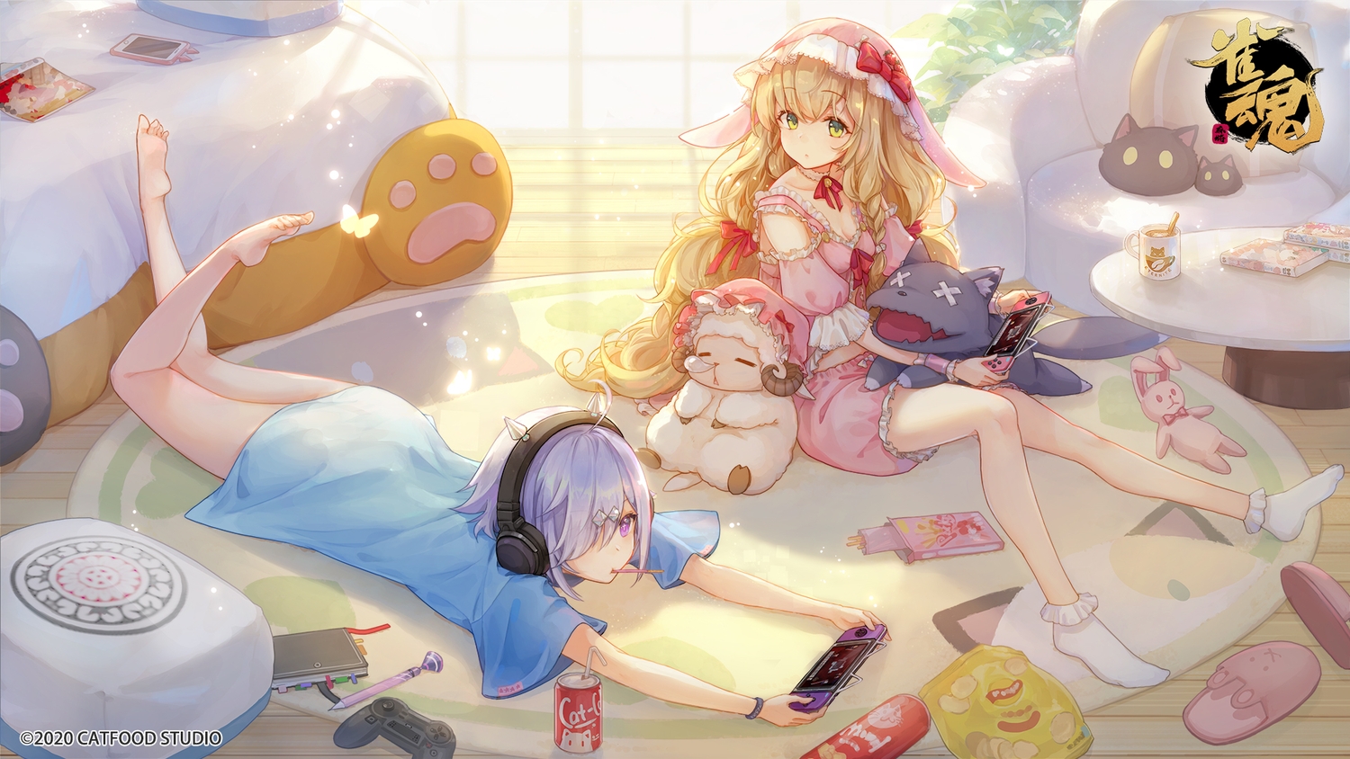 2girls, animal, animal_ears, barefoot, bloomers, book, bow, braids, breasts, bunny, bunny_ears, choker, cleavage, drink, eliisa_(majsoul), food, game_console, headphones, logo, lolita_fashion, mahjong_soul, pajamas, phone, pocky, purple_eyes, purple_hair, sheep, shine_cheese, short_hair, shorts, sleeping, socks, suzumiya_anju, wristwear