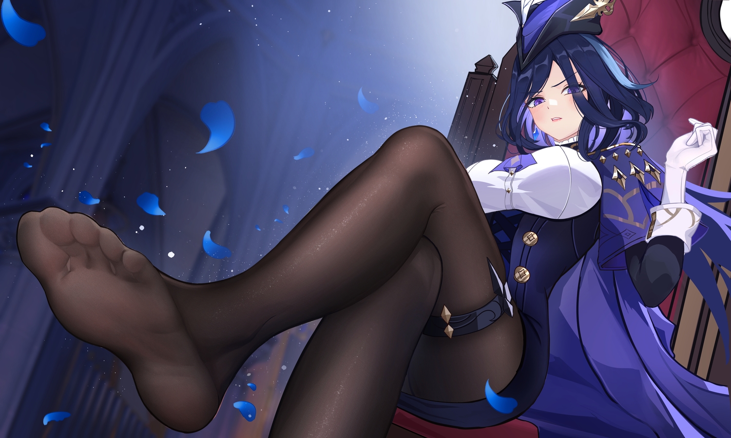 blue_hair, blush, cape, clorinde_(genshin_impact), close, dress, elbow_gloves, garter