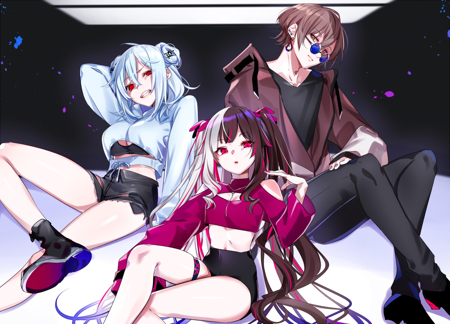 bra, breasts, brown_eyes, brown_hair, cleavage, garter, hakase_fuyuki, hood
