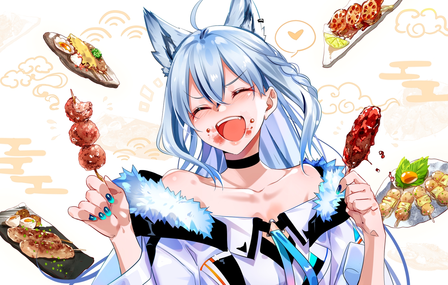 animal_ears, blush, braids, choker, close, fang, food, foxgirl