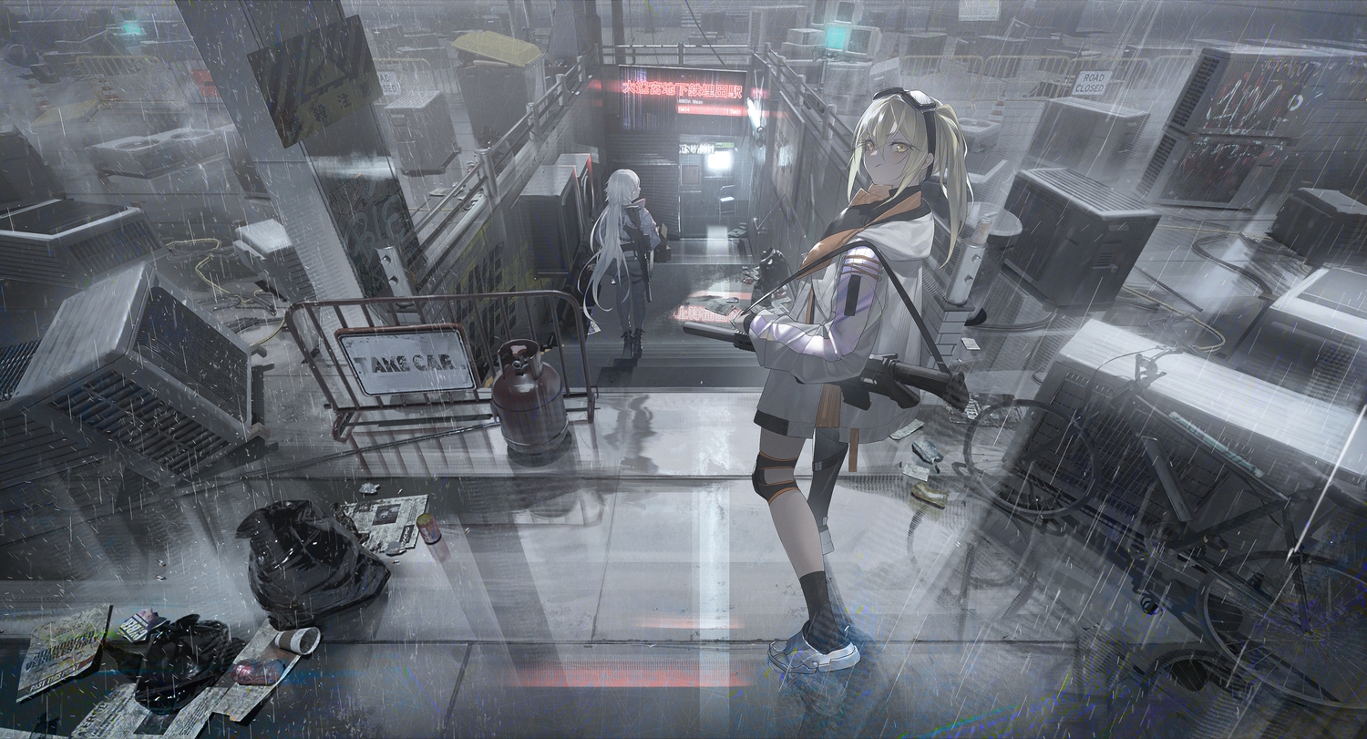 2girls, 3d, bicycle, building, computer, goggles, gray, gun
