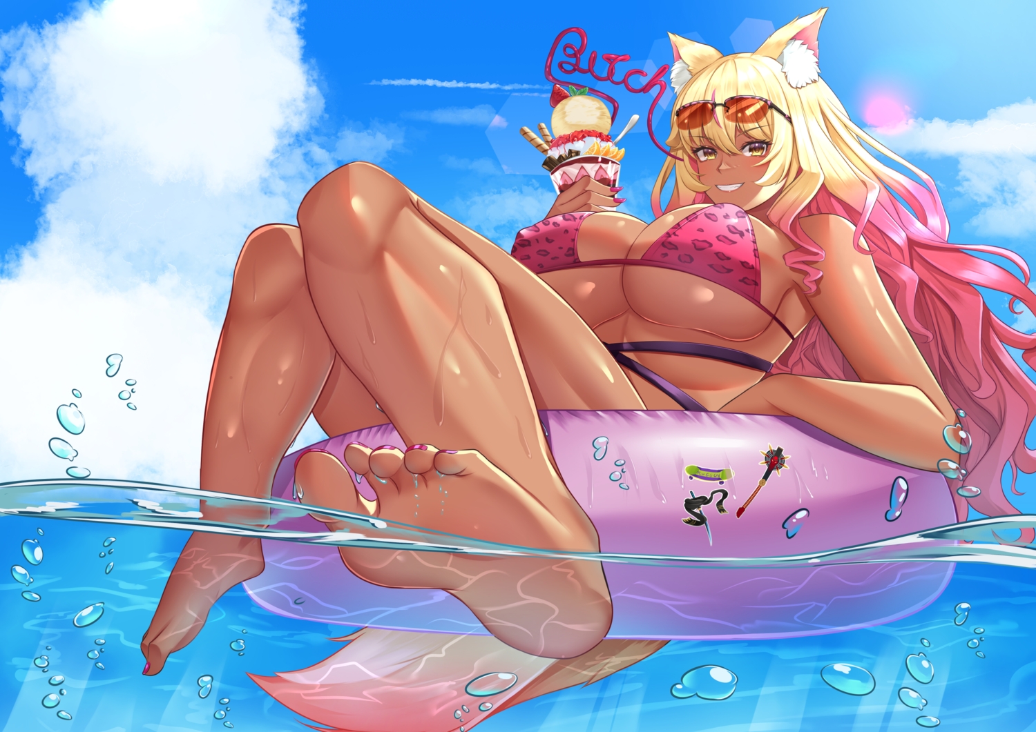 barefoot, bikini, blonde_hair, breasts, bubbles, byte-artist, clouds, dark_skin, fate/grand_order, fate_(series), food, foxgirl, ice_cream, long_hair, pink_hair, sunglasses, suzuka_gozen, swim_ring, swimsuit, tail, water, yellow_eyes