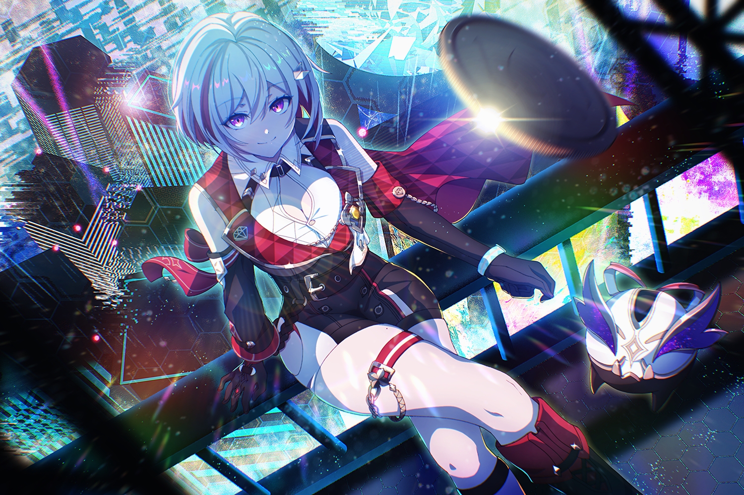 boots, breasts, building, chinese_wolfberry, city, cleavage, elbow_gloves, garter