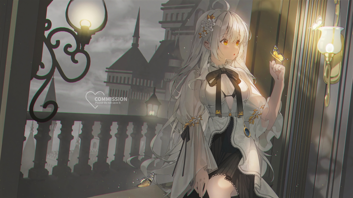 bow, bra, building, butterfly, clouds, dress, gray_hair, indie_virtual_youtuber