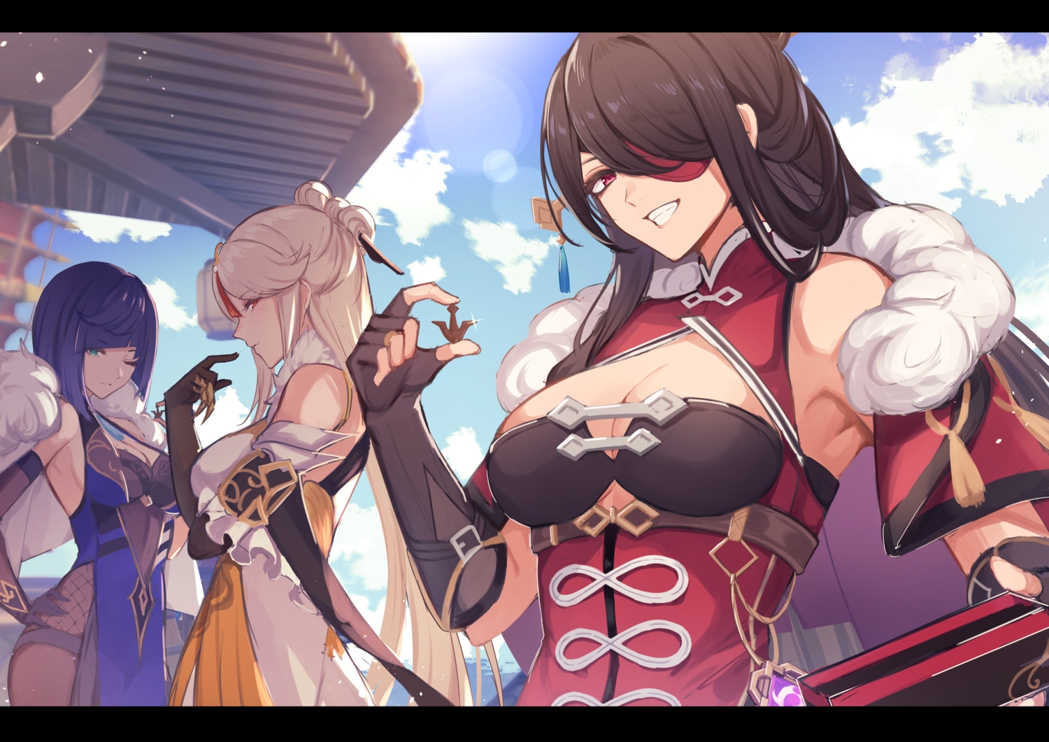 beidou_(genshin_impact), black_hair, breasts, building, chinese_clothes, chinese_dress, clouds, dress