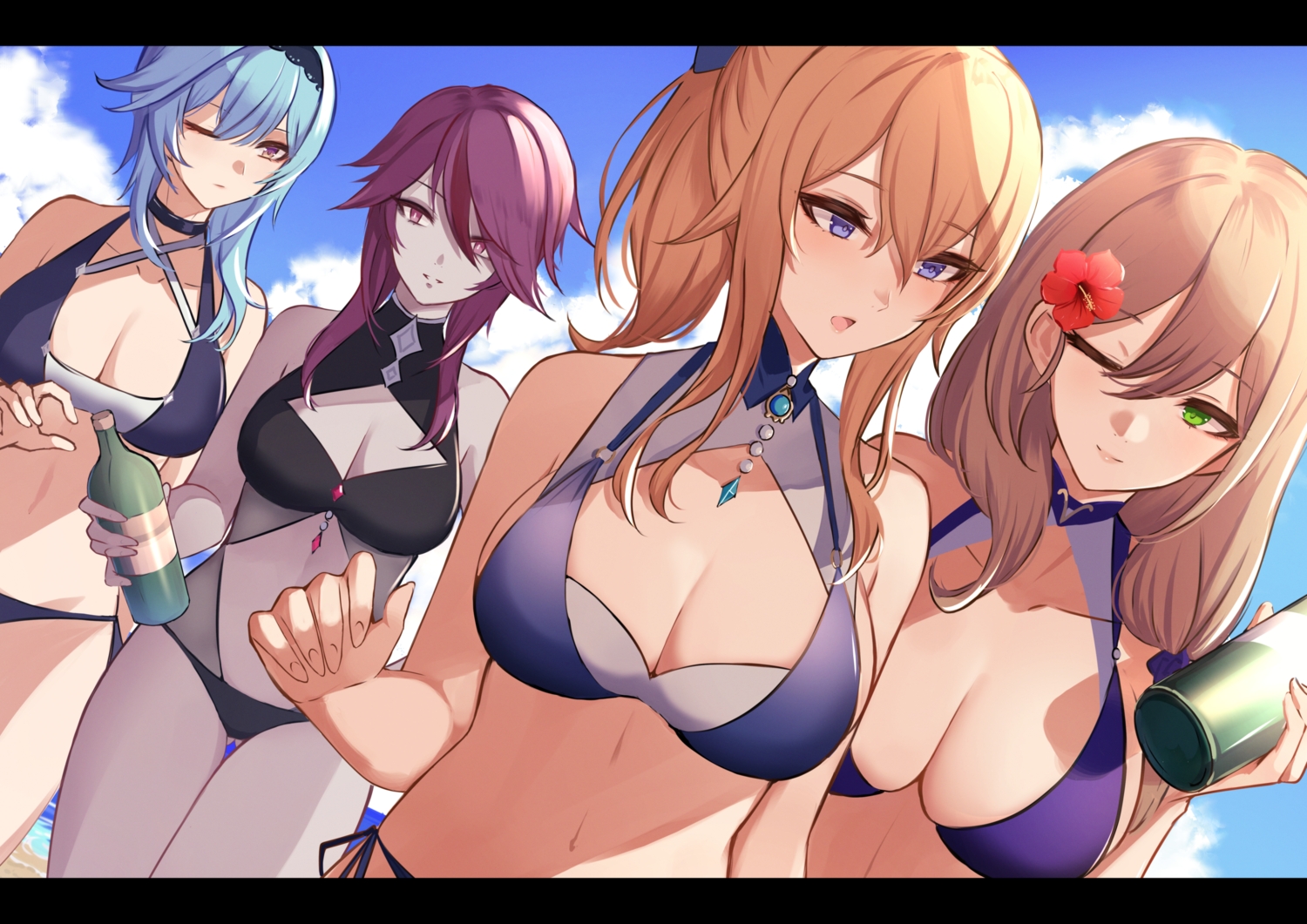 beach, bikini, blonde_hair, blue_eyes, blue_hair, breasts, cleavage, close